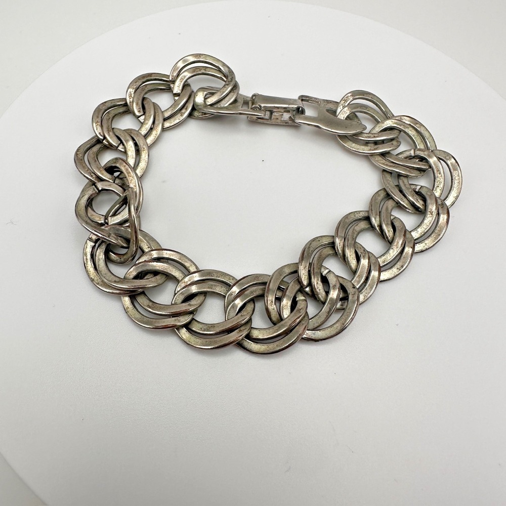 Vintage 90s Double Curb Link Bracelet Heavy Silver Tone Women's Jewelry